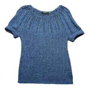 Lauren Ralph Lauren Sweater Womens Large Blue Pullover Crochet Linen Blend